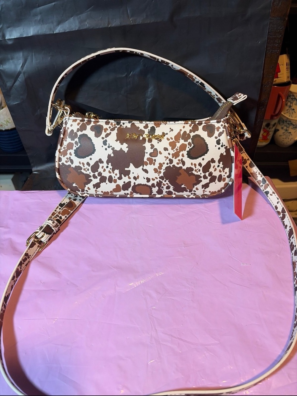 Betsey Johnson Brown & White Cow Print Mini Shoulder Bag